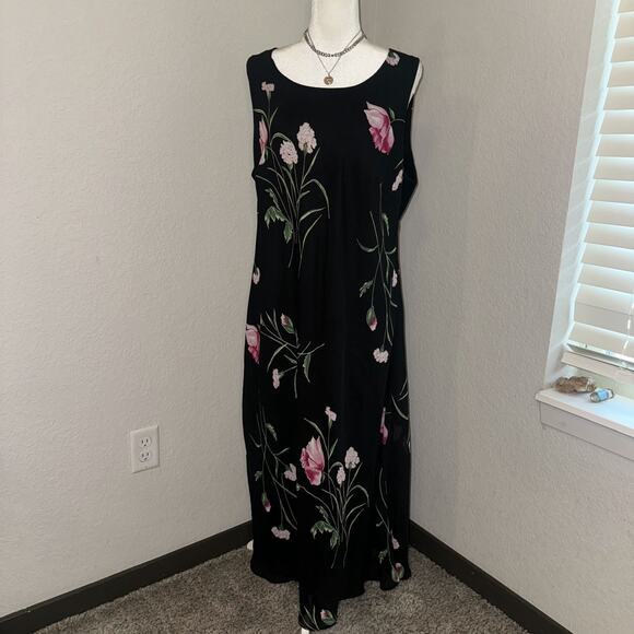 Vintage STUDIO I Maxi Dress Women's Plus Size 20W Black Floral Print Round Neck - Picture 1 of 10